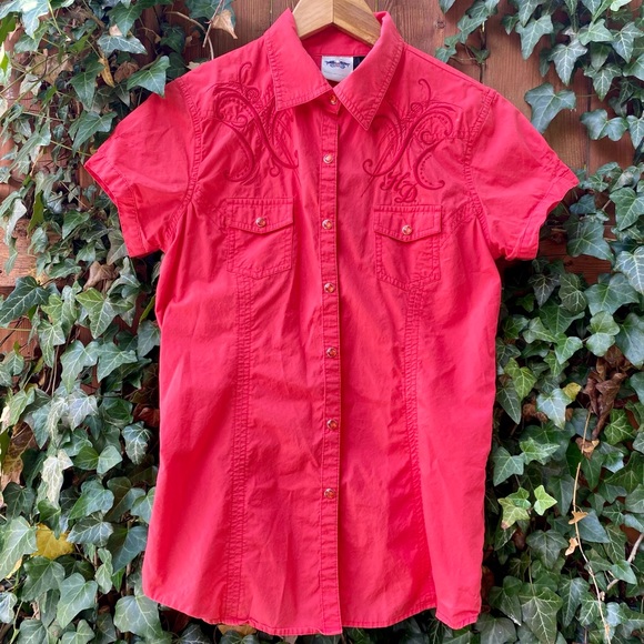 Coral HARLEY DAVIDSON Button Up Short Sleeve Top - Picture 1 of 4